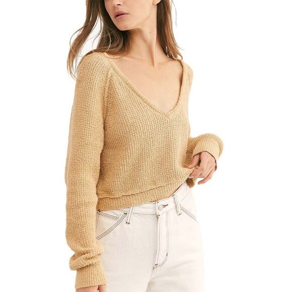 Free People High-low V-neck Sweater In Camel Women's Size Large - Picture 1 of 8